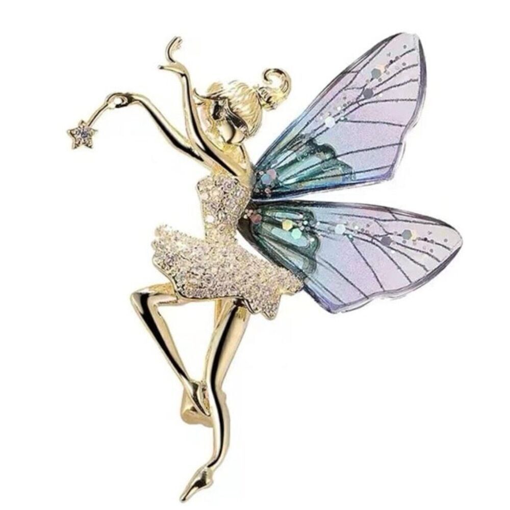 Beautiful Rhinestone & Resin Dancing Ballerina Fairy Rainbow Brooch Pin Blue